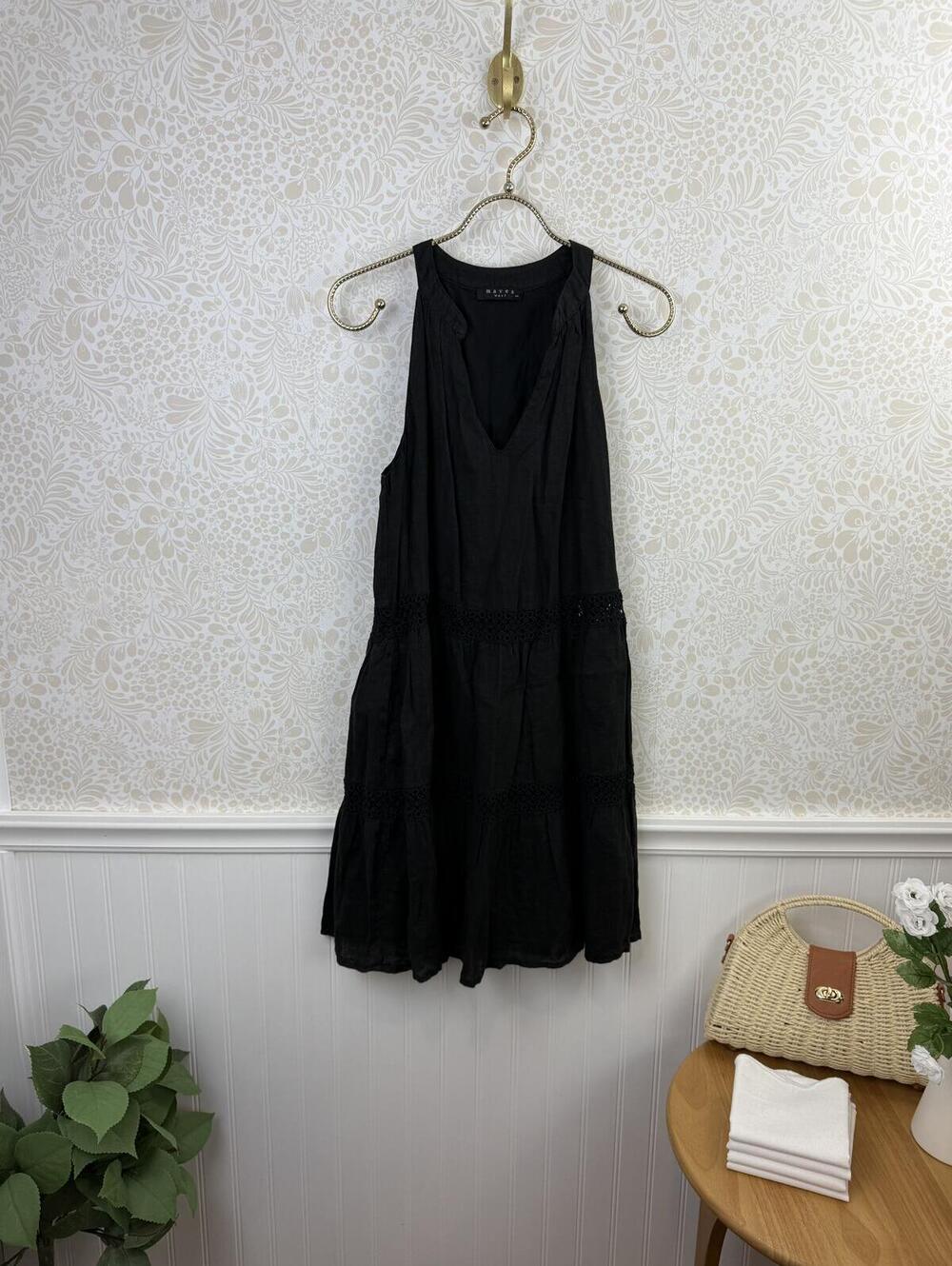 Maven West Black 100% Linen Sleeveless Crochet Mini Dress - Size - XS
